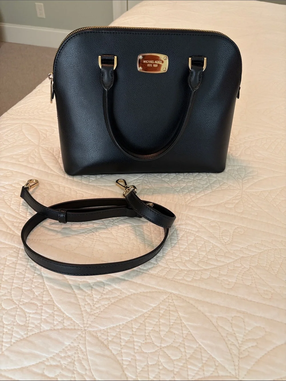Michael Kors Black Pebbled Leather Satchel with Gold Plate